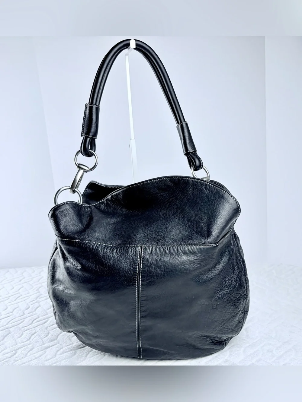 Vintage 90s Y2K Marco Avane Black Pebbled Leather Hobo Bag w Contrast Stitching